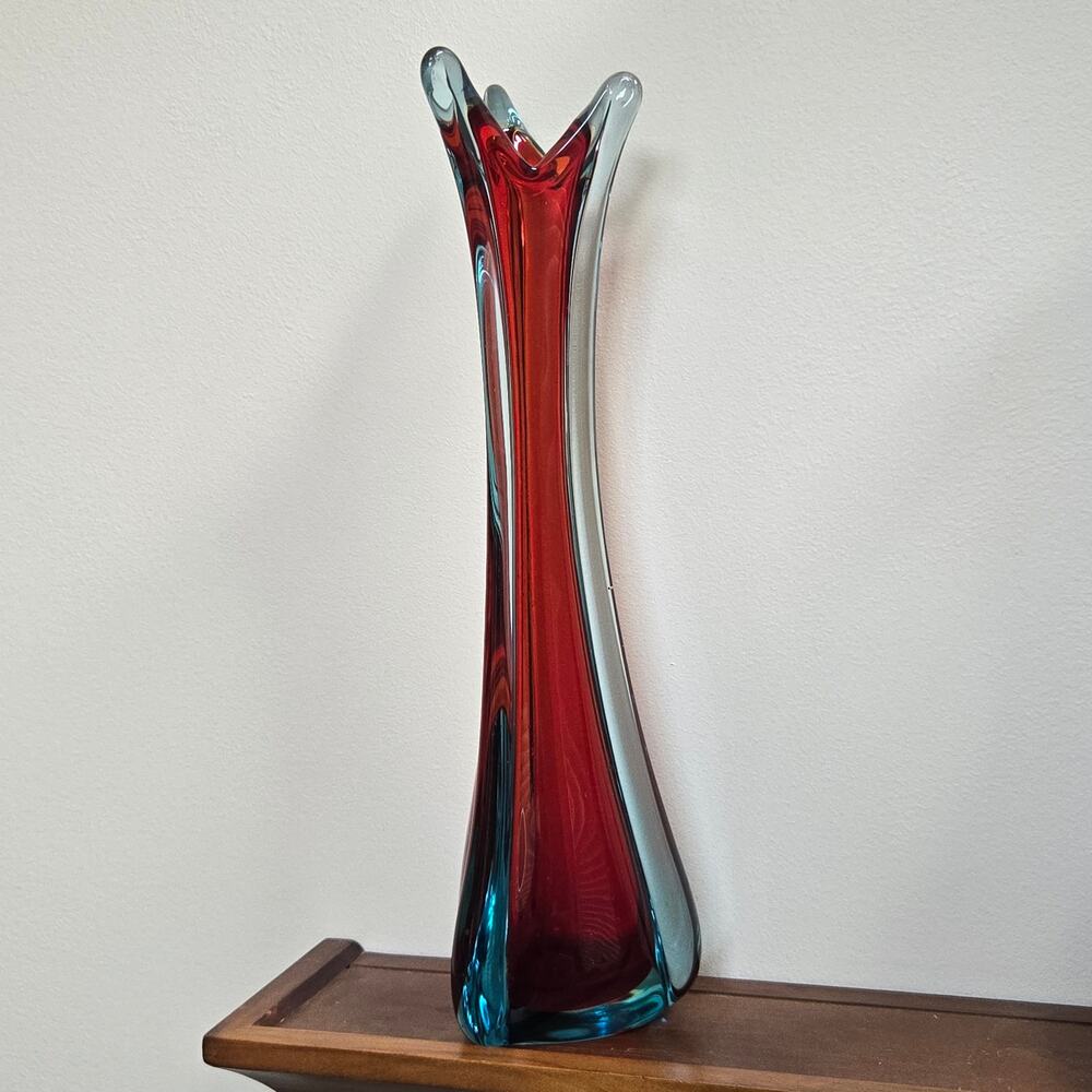 Vtg Murano Sommerso Art Glass Vase 1960-70's Multicolor Crimson Red and Blue 16"